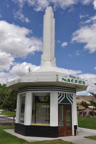 This tiny Art Deco building with neon trim stands at the entry to Naches, Wash., just north of U.S. Highway 12, which is a historic route to Mount Rainier and points west. (Mike Prager)