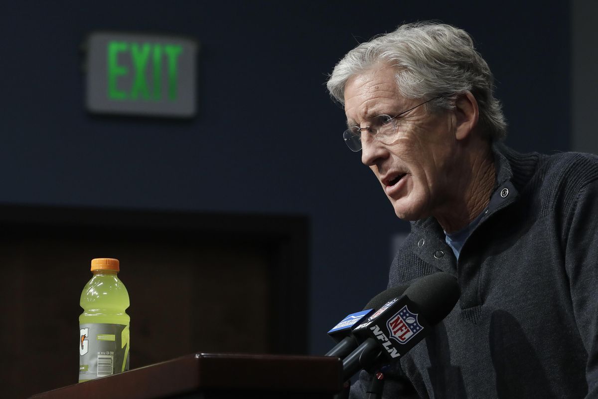 Seattle Seahawks NFL football head coach Pete Carroll talks to reporters during his end-of-season press conference in Renton, Washington, on Jan. 2. (Ted S. Warren / AP)