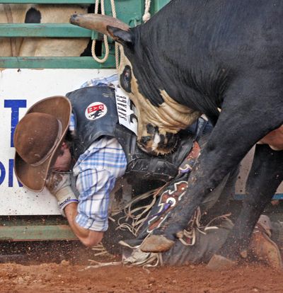 Clayton Savage of Casper, Wyo. is pinned temporarily under a raging bull during the Laramie Jubilee Days Mr. T Classic at the Albany County Fairgrounds Wednesday July 7, 2010 in Laramie, Wyo. (Andy Carpenean / Laramie Boomerang)