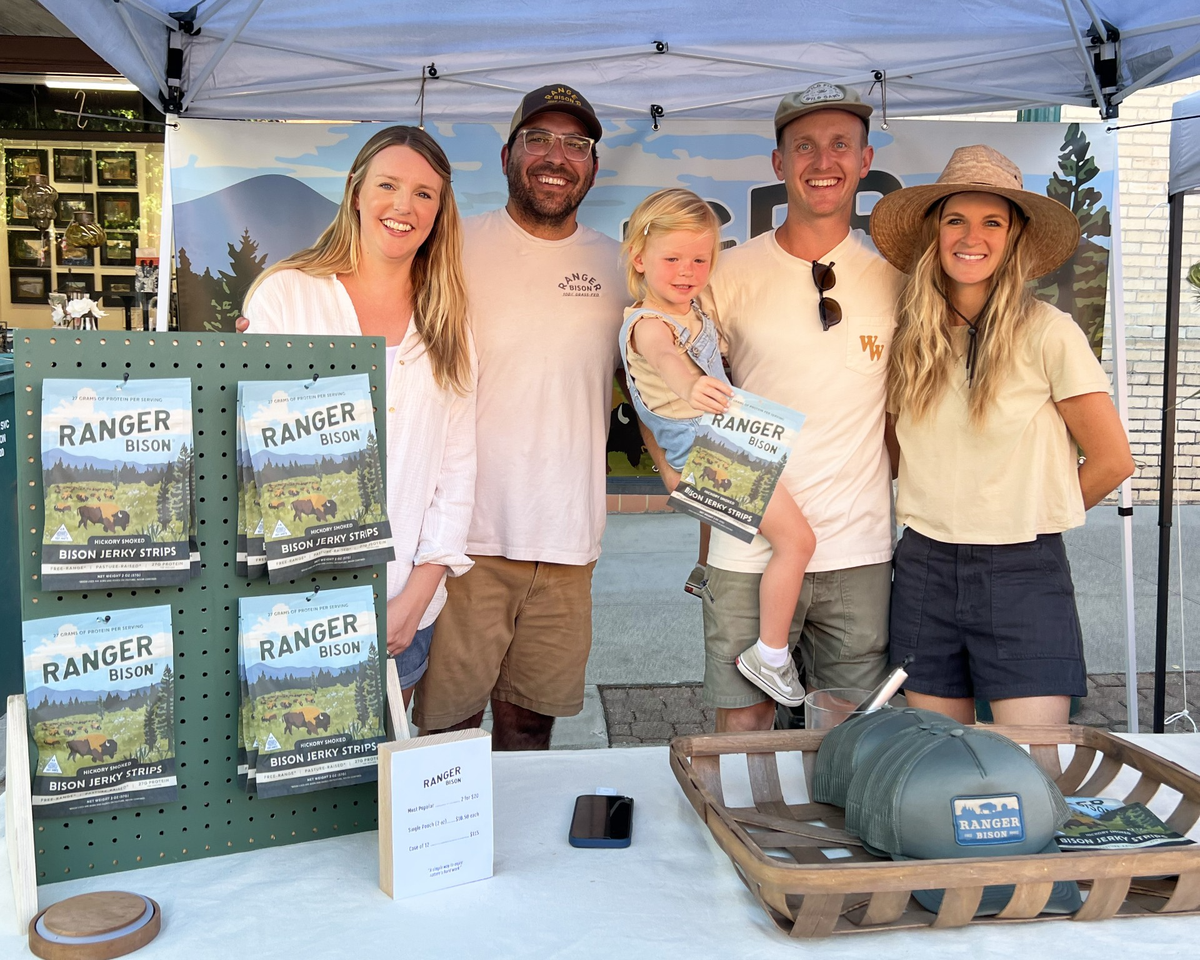 Dave Allee, second from right, founded Ranger Bison. His jerky products include an Ancestral Blend crafted with 30% bison liver. He’s joined at the Fifth Street Farmers Market in downtown Coeur d’Alene by Megan Goodman, left, Kyle Goodman, Cooper Allee and Alex Allee.  (Courtesy of Ranger Bison)
