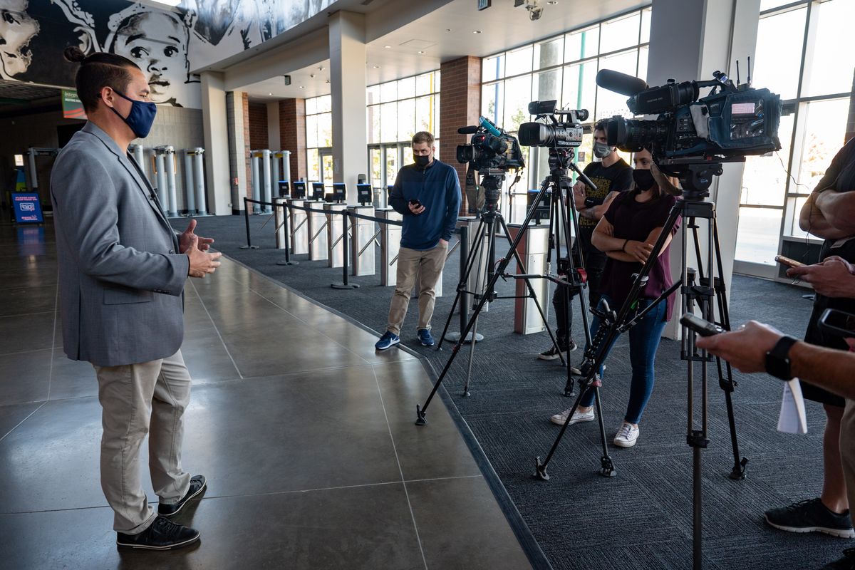 Matt Meyer, director of entertainment at Spokane Public Facilities District, speaks to the media on Thursday about the COVID-19 safety measures the Spokane Arena is taking for fans attending Sunday’s pre-season Seattle Kraken NHL hockey game.  (COLIN MULVANY/THE SPOKESMAN-REVI)