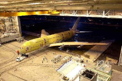 
An A380 super jumbo aircraft is moved during the final assembly process in Toulouse, southwestern France, earlier this summer.
 (Associated Press / The Spokesman-Review)