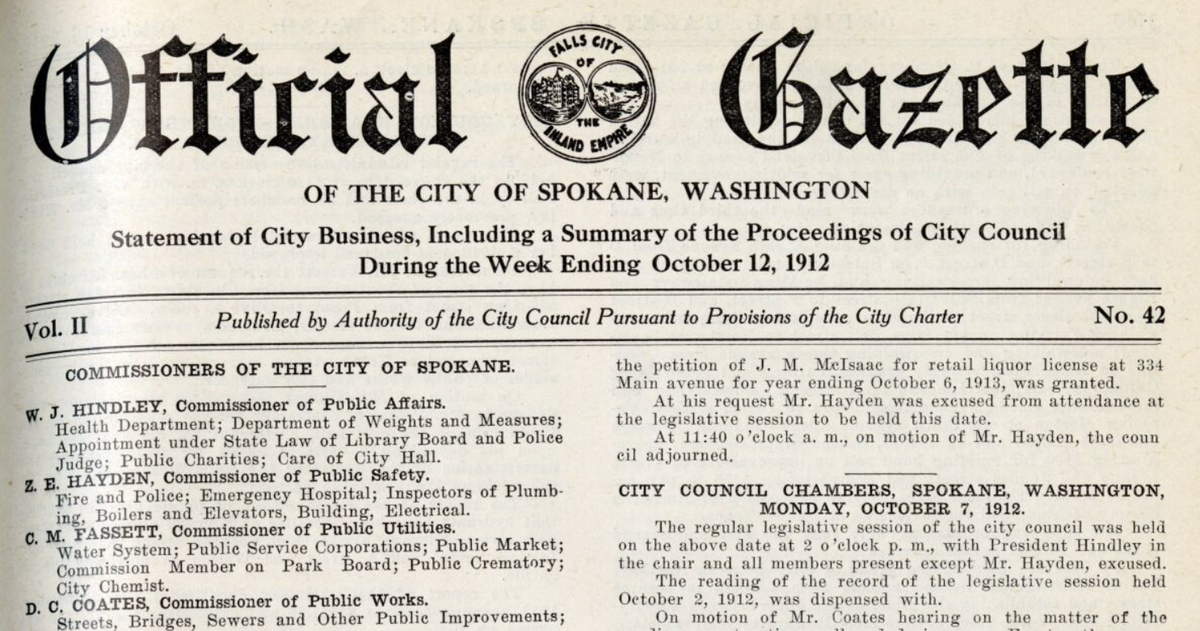 The Official Gazette of the City of Spokane shows the City Council began holding it’s regular legislative sessions on Mondays on Oct. 7, 1912.  (The City of Spokane Official Gazette)