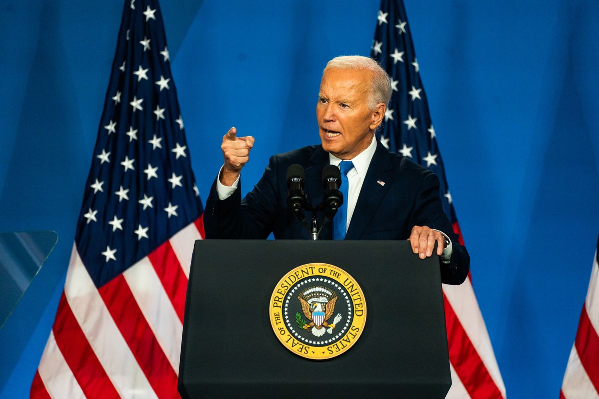 President Biden speaks at a news conference during NATO’s 75th anniversary summit in Washington, D.C., on July 11.  (Demetrius Freeman/The Washington Post)