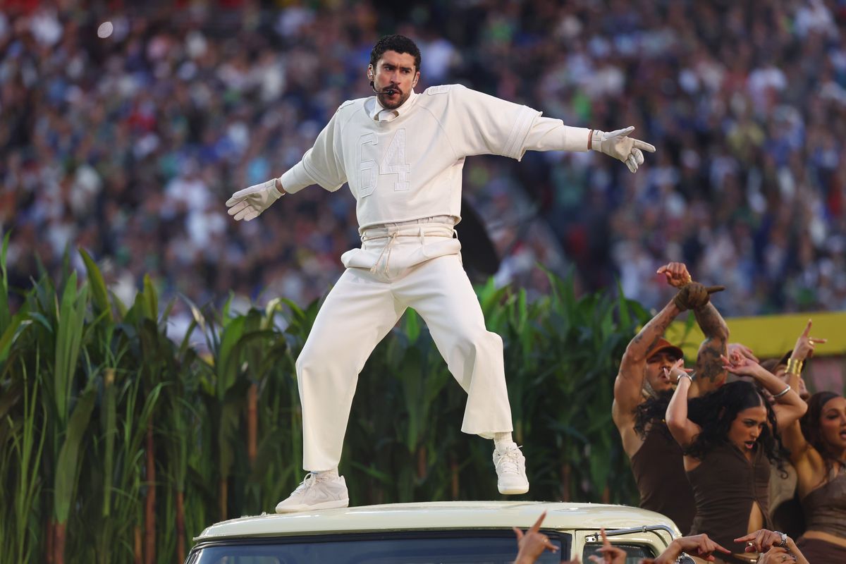 Bad Bunny performs the halftime show on Feb. 8 during Super Bowl LX between the Seattle Seahawks and the New England Patriots at Levi’s Stadium.  (Mark J. Rebilas/Imagn Images)