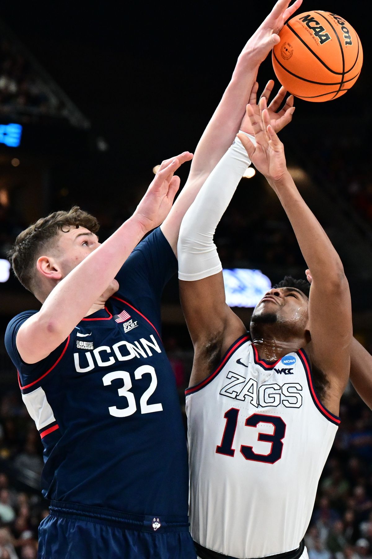UConn’s Donovan Clingan blocks a shot by Gonzaga’s Malachi Smith on March 25.  (Tyler Tjomsland/The Spokesman-Review)