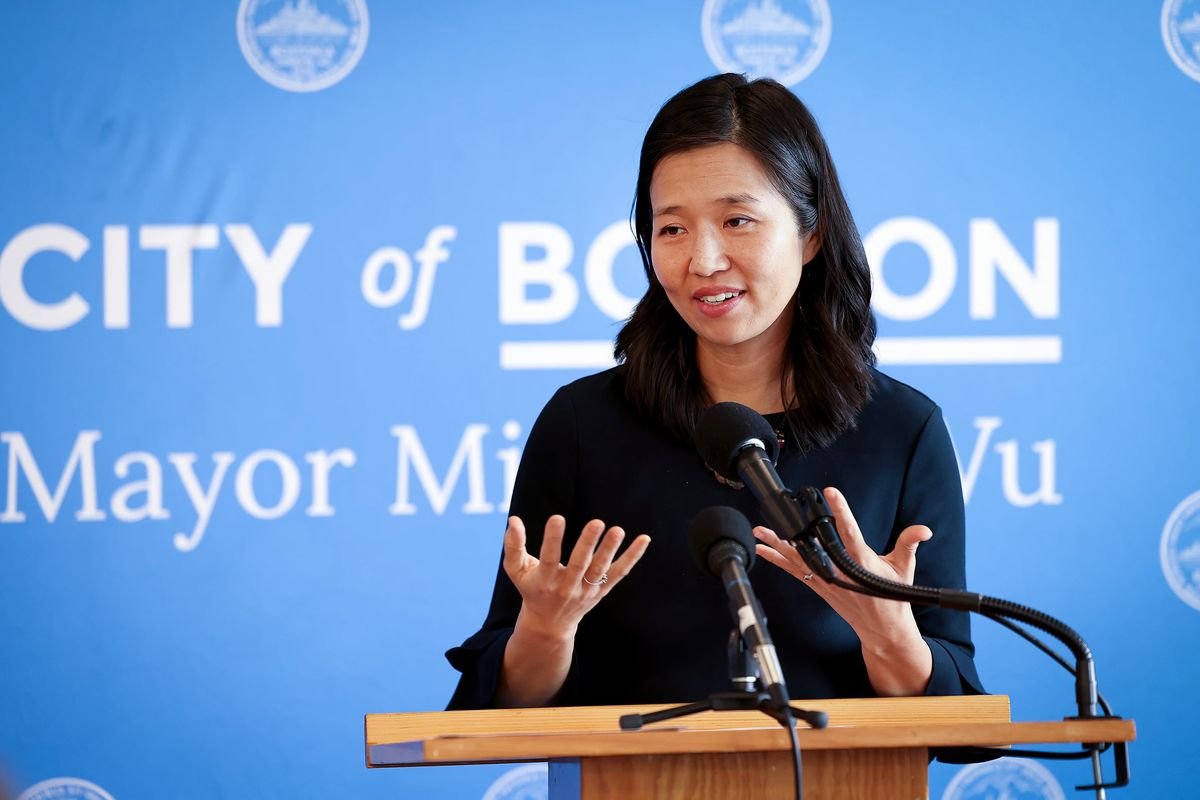 Boston Mayor Michelle Wu speaks at the Eliot K-8 Innovation Upper School on Thursday in Boston. The mayor and other officials announced a public-private partnership that positions Boston to be the first major U.S. city to ensure all Boston Public School students graduate with AI proficiency.  (Boston Herald)
