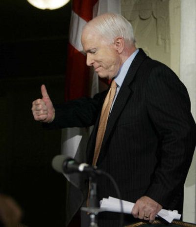 
Sen. John McCain, R-Ariz., flashes a thumbs-up after delivering a speech in Washington on Thursday. 
 (Associated Press / The Spokesman-Review)