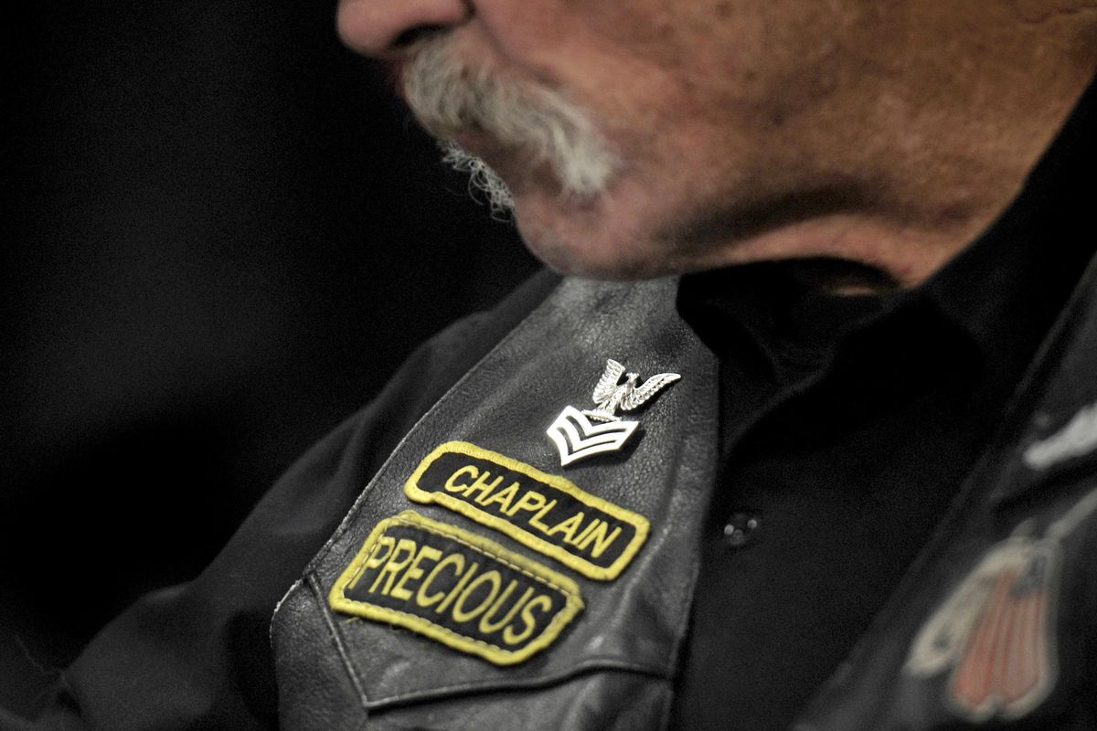 Combat Vet Rider Chaplain Richard "Precious" Hemming was on hand during a gathering after the funeral for fellow Combat Vet Rider Steve"Lazarus" Rapier on Saturday, Oct. 19, 2019. (Kathy Plonka / The Spokesman-Review)