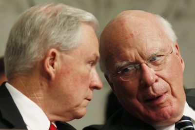 Senate Judiciary Chairman Sen. Patrick Leahy, D-Vt., right, and Sen. Jeff Sessions, R-Ala., talk during the Sotomayor hearing.  (Associated Press / The Spokesman-Review)