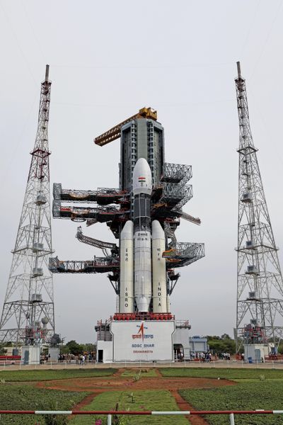 This  photo released by the Indian Space Research Organization  shows its Geosynchronous Satellite Launch Vehicle being prepared for its July 15 launch. The launch was canceled about an hour before scheduled liftoff. (Associated Press)