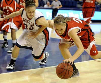 Eastern Washington’s Brianne Ryan gets to the ball first Tuesday night in a scramble with Gonzaga’s Katelan Redmon. (Colin Mulvany)
