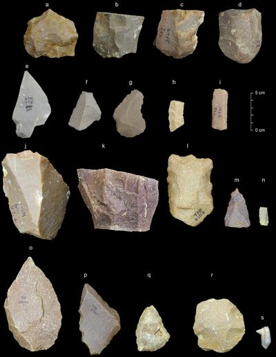 This image provided by the Sharma Centre for Heritage Education, India in January 2018 shows a sample of artifacts from the Middle Palaeolithic era found at the Attirampakkam archaeological site in southern India. (Kumar Akhilesh, Shanti Pappu / Associated Press)