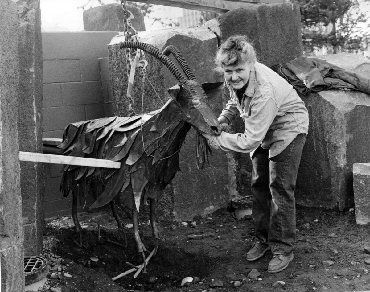 A hand-eating goat? Actually it is a trash barrel that Sister Paula Mary Turnbull, Fort Wright college art department chairman, is testing. Her unique welded weathering steel sculpture, commissioned by the Women