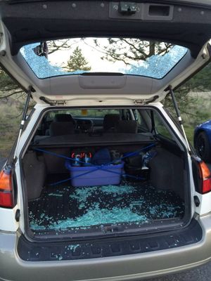 A thief broke into this vehicle at the Riverside State Park Bowl & Pitcher Overlook parking area on April 15, 2015. (Courtesy)