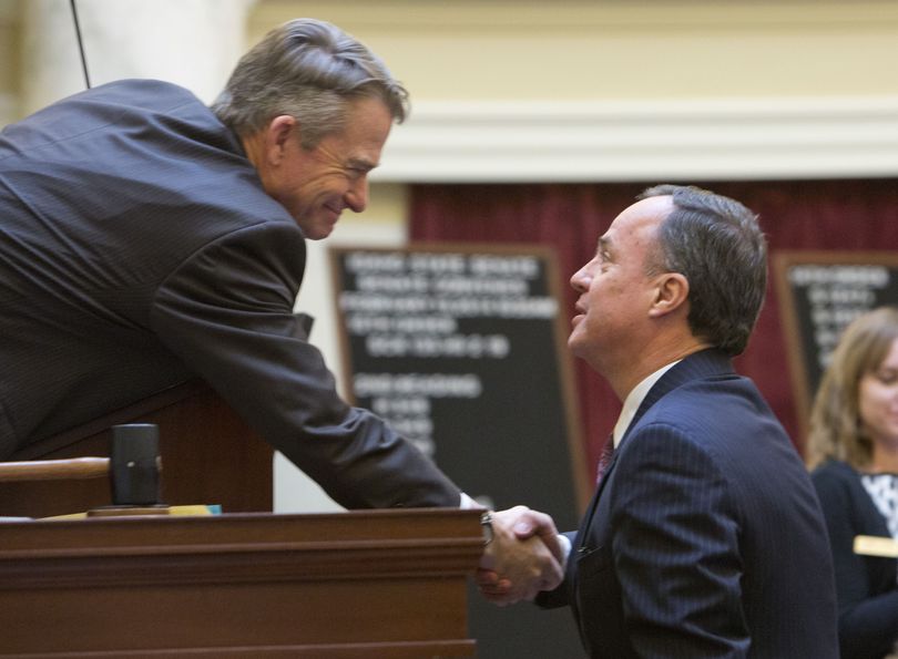 Mexican Consul Guillermo Ordorica, right, shakes hands with Idaho Lt. Gov. Brad Little after addressing the Idaho Senate on Thursday. (AP/Idaho Statesman / Katherine Jones)