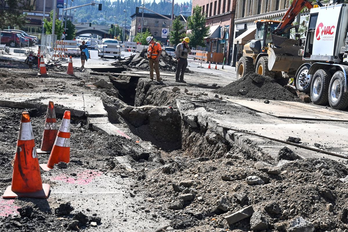 The rebuild of Riverside Avenue downtown, as seen last Tuesday, continues between Division and Monroe streets.  (DAN PELLE/THE SPOKESMAN-REVIEW)