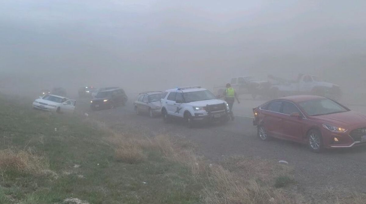 High winds and blowing dust contributed to a seven-car accident on Interstate 182 in Richland on Sunday afternoon.  (Courtesy of Washington State Patrol)