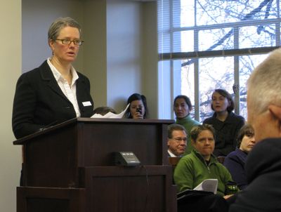 Idaho Sen. Nicole LeFavour, D-Boise, asks a Senate committee to introduce her bill to expand the Idaho Human Rights Acts anti-discrimination protections to include sexual orientation.  (BETSY Z. RUSSELL / The Spokesman-Review)