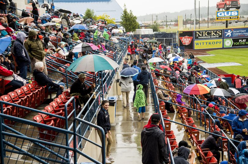 The rain delay on Spokane Indians opening night Friday, lasted until 8:20 p.m. and the game was rescheduled for this Sunday at 3:30 p.m. as part of a doubleheader. (Colin Mulvany / The Spokesman-Review)