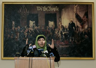 Faten Shnewer speaks to the media Monday after her son, Mohamad Shnewer, and four others were convicted.  (Associated Press / The Spokesman-Review)