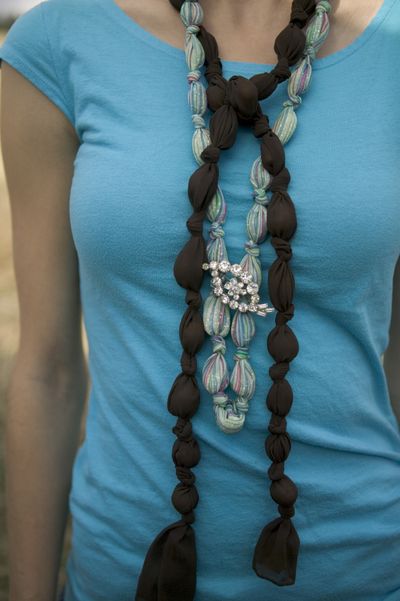 When life gives you acorns, make yourself a trendy necklace! Sew an old scarf into a tube, insert acorns and tie knots in between. (MaryJane Butters / United Feature Syndicate, Inc. )
