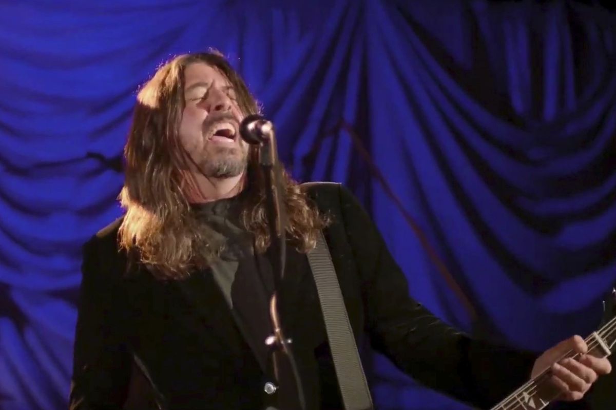 Dave Grohl of the Foo Fighters performs during the “Celebrating America” event on Jan. 20 following the inauguration of Joe Biden as the 46th president of the United States.  (Associated Press)