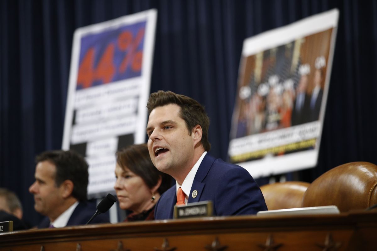 FILE - In this Dec. 11, 2019, file photo Rep. Matt Gaetz, R-Fla., gives his opening statement during a House Judiciary Committee markup of the articles of impeachment against President Donald Trump on Capitol Hill in Washington.  (Patrick Semansky)