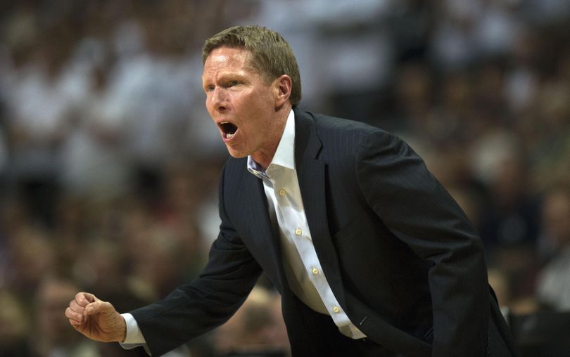 Coach Mark Few encourages his Bulldogs during the first half of the Zags’ 88-84 semifinal win over BYU. (Colin Mulvany / The Spokesman-Review)