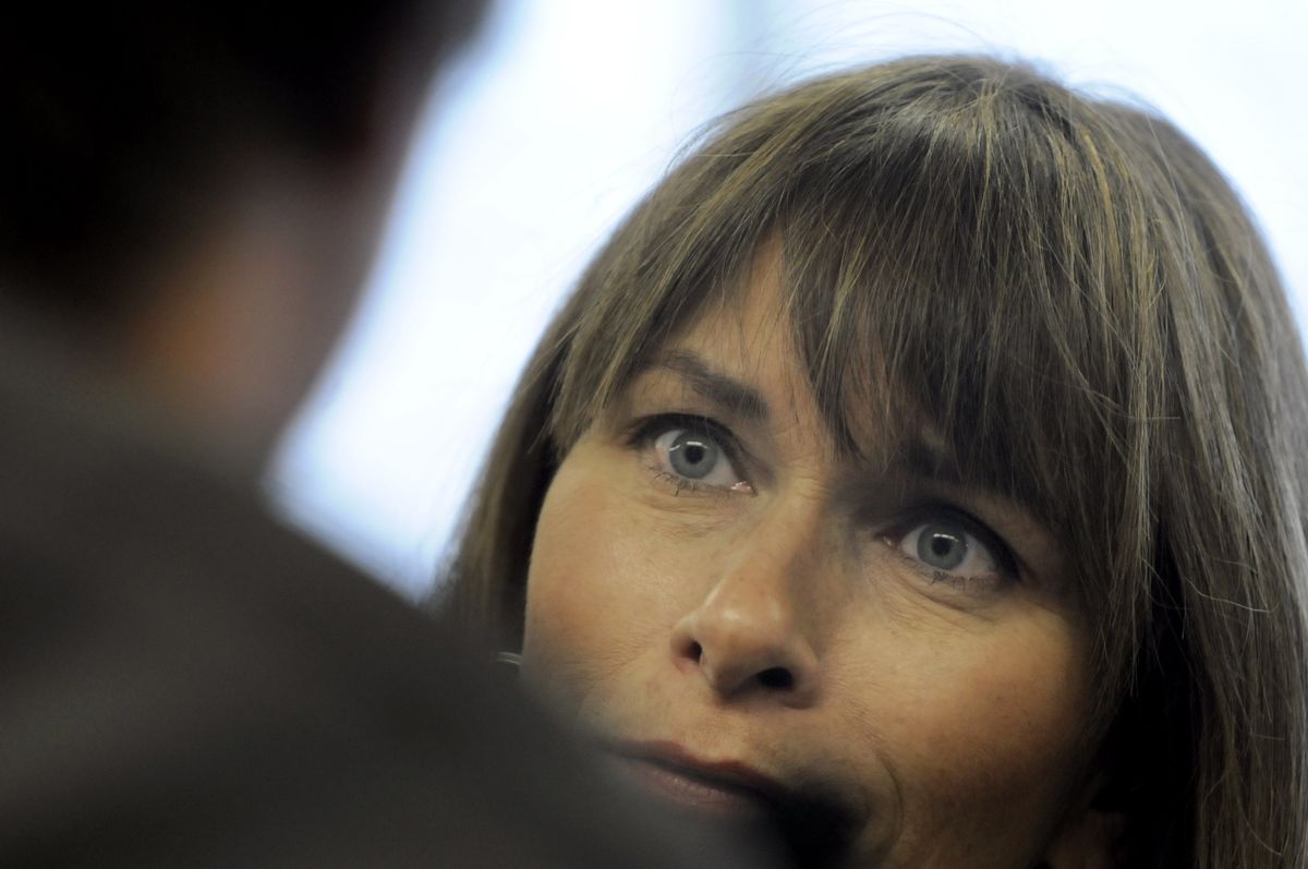 Val Vissia talks with student Josh Hampton about going to a career event at GU. (Jesse Tinsley / The Spokesman-Review)