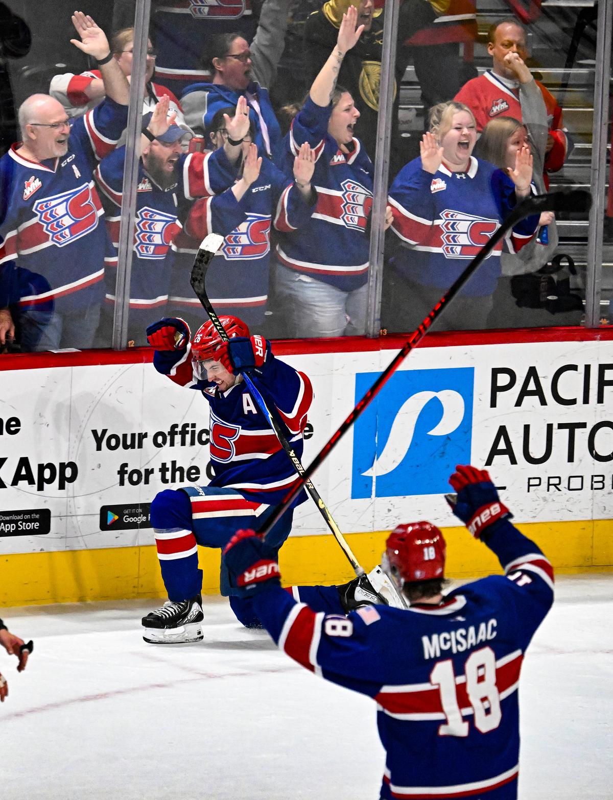 Spokane left wing Chase Harrington celebrates scoring the game-tying goal against Prince George during Game 5 of a WHL Playoffs series on April 2, 2026 at the Arena.  (Colin Mulvany/The Spokesman-Review)