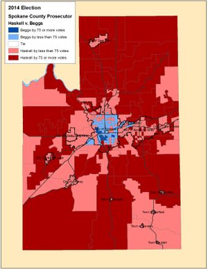 this is a map of the election night totals for the Spokane Countyprosecutor's race (Jim Camden)