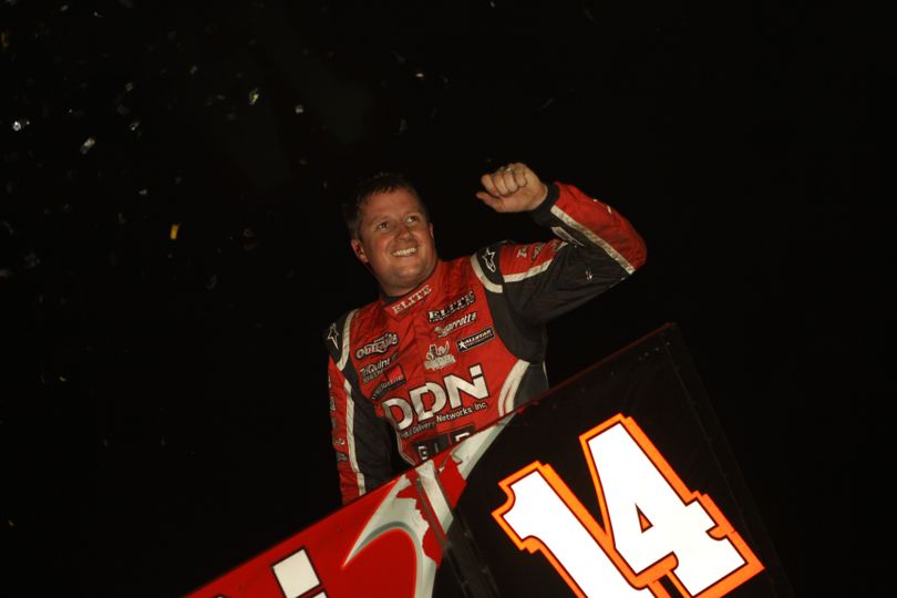 Jason Meyers celebrates his win on the World of Outlaws Sprint Car Series. (Photo courtesy of WoO Media Relations)