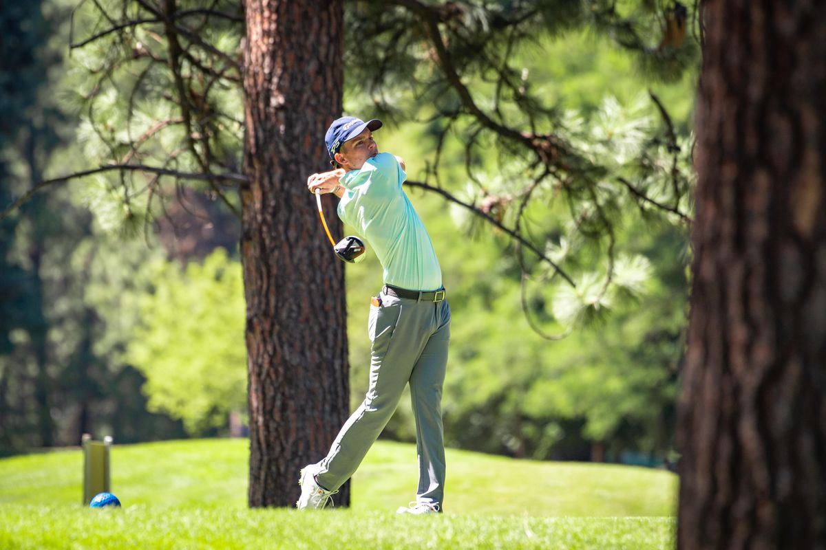 Justin Wiles drives during the final day of the 32nd annual Rosauers Open Invitational at Indian Canyon Golf Course on Sunday, July 21, 2019. Though Wiles made it to a three-way tiebreaker, Scott Erdmann won the title. (Libby Kamrowski / The Spokesman-Review)