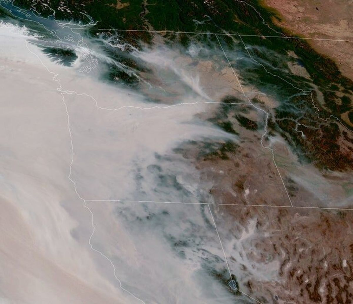 The GOES satellite shows a smoke cloud approaching Eastern Washington and North Idaho on Friday.  (NOAA/GOES)