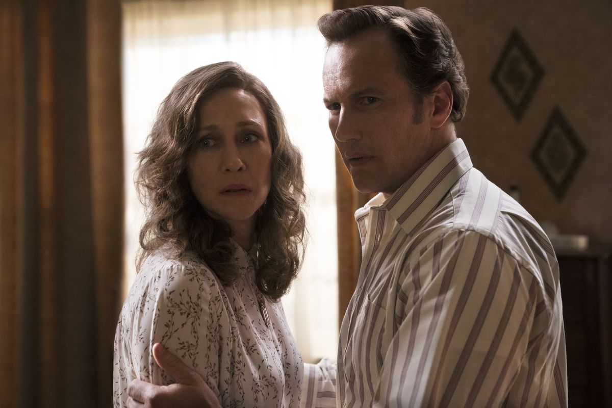 Vera Farmiga, left, and Patrick Wilson in “The Conjuring: The Devil Made Me Do It.”  (Warner Bros. Pictures)