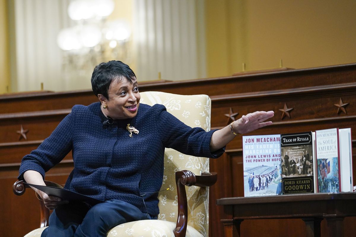 Librarian of Congress Carla Hayden speaks as she moderates a discussion with historians Doris Kearns Goodwin and Jon Meacham on Jan. 6, 2022, on Capitol Hill on how to establish and preserve the narrative of the riot at the U.S. Capitol on Jan. 6, 2021. (Pool)