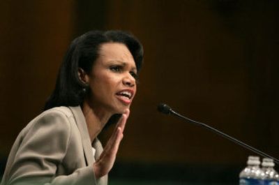 
Secretary of State Condoleezza Rice responds to questioning during her testimony before the Senate Foreign Relations committee Wednesday. 
 (Associated Press / The Spokesman-Review)