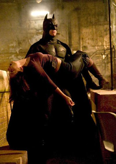 
Batman (Christian Bale) rescues Rachel Dawes (Katie Holmes) in the new film 