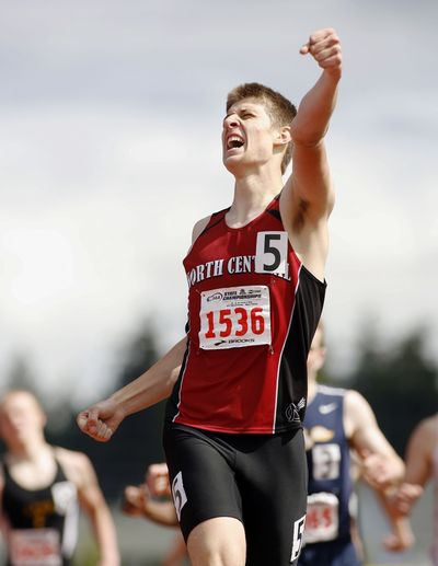 North Central's Andrew Wordell reacts to winning the State 3A 800-meter relay on Saturday at  Tacoma. (Patrick Hagerty / Patrick Hagerty)