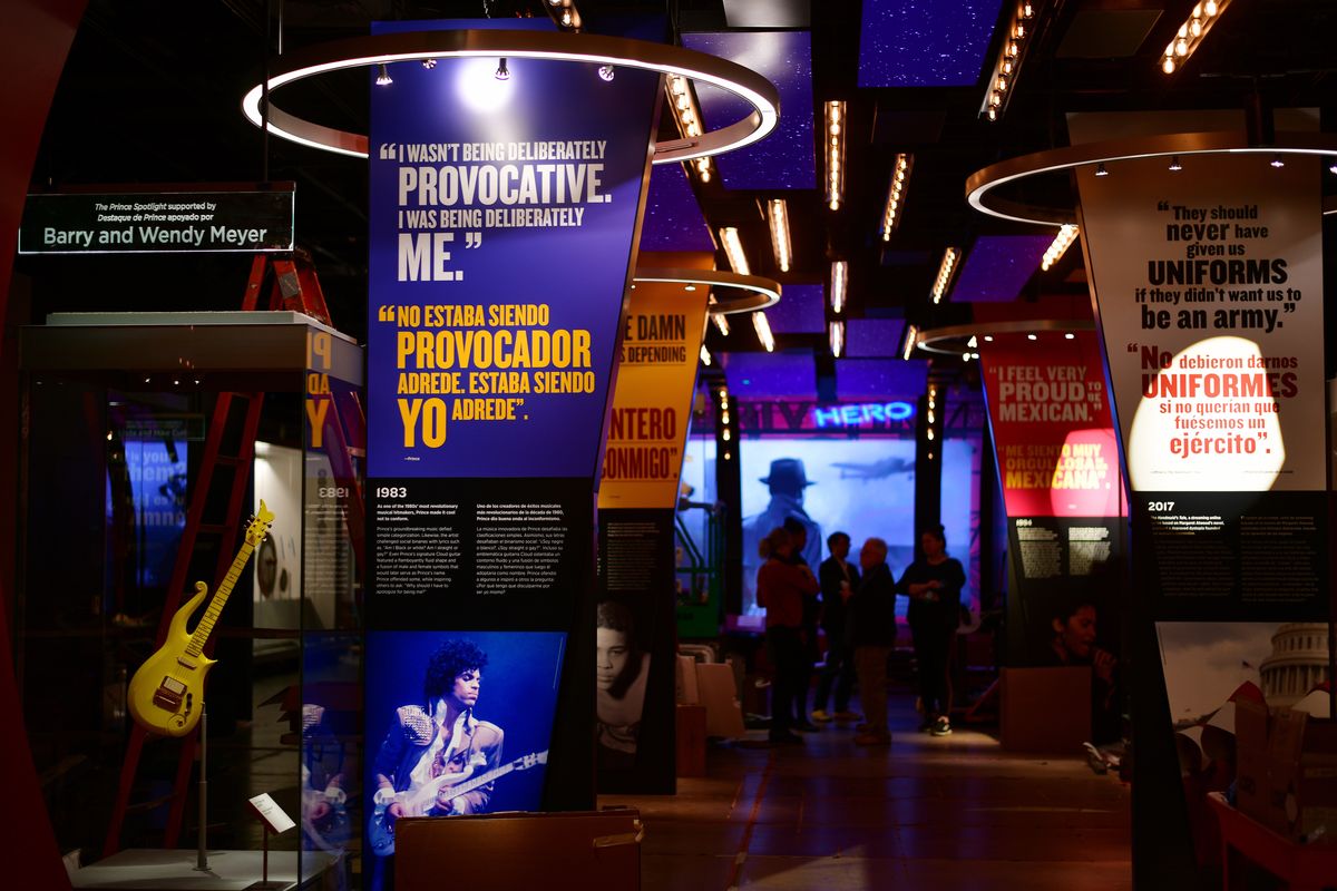 The National Museum of American History is preparing its first permanent exhibit on the history of entertainment. It will include a pair of heavyweight champ Joe Louis’s boxing gloves, rock star Prince’s yellow guitar, and droids from the “Star Wars” movies.  (Astrid Riecken/For The Washington Post)