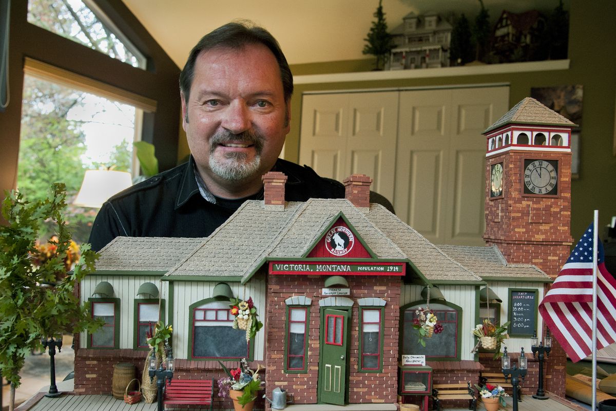 Dan Frickle has built a train station out of cardboard boxes. He lives in Otis Orchards. (PHOTOS BY DAN PELLE)