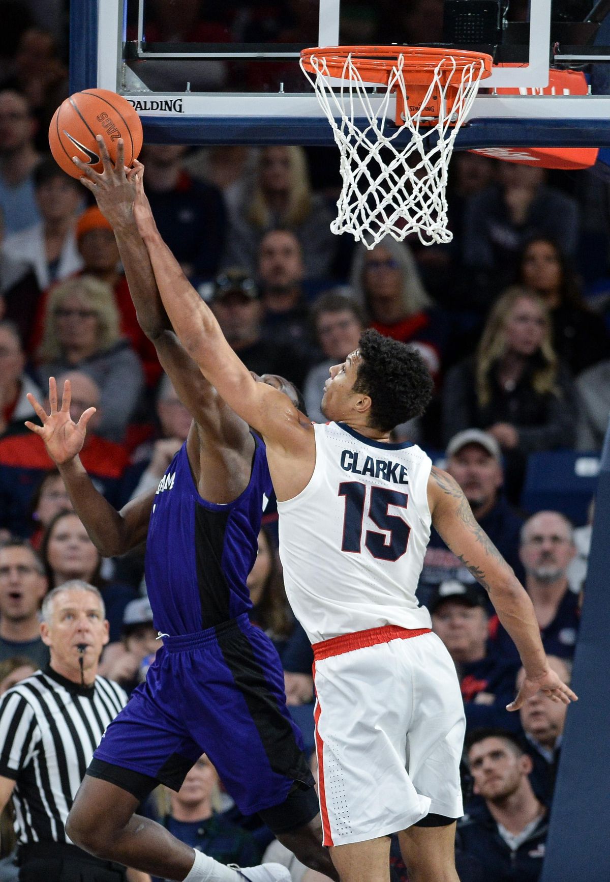 Gonzaga forward Brandon Clarke rejects a shot by North Alabama forward Cantavio Dutreil, Friday, Dec. 28, 2018 in the McCarthey Athletic Center. (Dan Pelle / The Spokesman-Review)