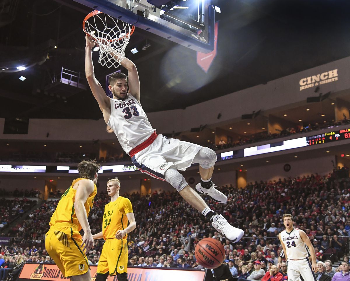 Gonzaga forward Killian Tillie becomes a human-highlight after slam-dunking over San Francisco, Monday, March 5, 2018, at the Orleans Arena in Las Vegas . (Dan Pelle / The Spokesman-Review)