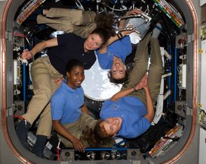 In this April 14, 2010 photo provided by NASA, the four female astronauts currently on the International Space Station, clockwise from lower right: Dorothy Metcalf-Lindenburger, Stephanie Wilson, Tracy Caldwell Dyson, and Naoko Yamazaki pose for a photo in the Cupola while space shuttle Discovery remains docked with the station. (Nasa)