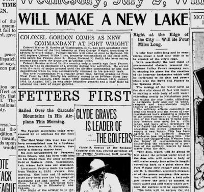 The Spokane Valley Power Co. was moving forward with plans to dam the Spokane River at Bowl and Pitcher, creating “a lake four miles long” right the edge of the city, the Spokane Daily Chronicle reported on June 20, 1919. The newspaper also reported that Lt. J.M. Fetters of Spokane became the first pilot to fly over the Cascades. (Spokesman-Review archives)