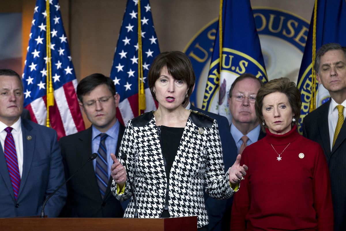 FILE - Rep. Cathy McMorris Rodgers, R-Wash., accompanied by other members of Congress, speaks during a news conference Saturday, Jan. 20, 2018, at Capitol Hill in Washington. (Jose Luis Magana / AP)