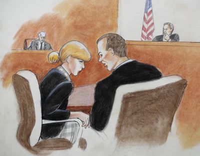 In this courtroom sketch, pop singer Taylor Swift, front left, confers with her attorney as David Mueller, back left, and the judge look on during a civil trial in federal court Tuesday, Aug. 8, 2017, in Denver. (Jeff Kandyba / Associated Press)
