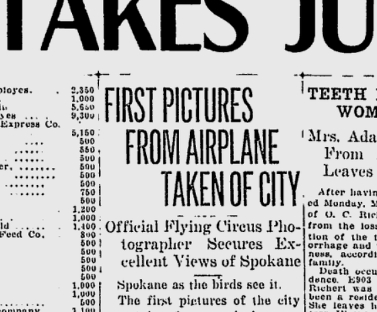 The aviators of a “flying circus” (air show) that had wowed Spokane left behind the first aerial pictures ever printed of Spokane, the Spokane Daily Chronicle reported on April 26, 1919. (Spokesman-Review archives)