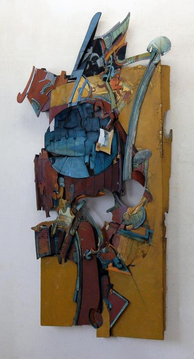 “Project E” is one of the new carved and painted works on wood by Robert Grimes on display at the Art Spirit Gallery in Coeur d’Alene.
